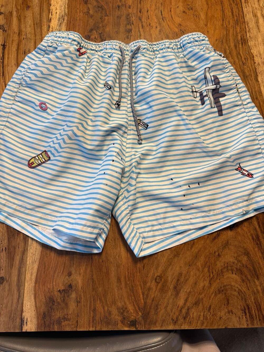 Boardies Apparel Blue & White Striped Airplane & Boat Swim Shorts Size XL